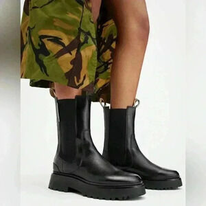 NEW All Saints Amber Black Leather Croc Chelsea Combat Boots Women’s Size 11